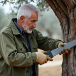 Jardinier effectuant une taille sévère sur un olivier endommagé par le gel au début du printemps