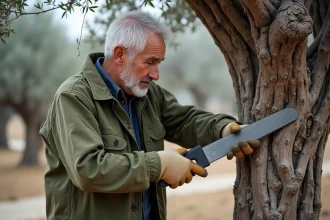 Jardinier effectuant une taille sévère sur un olivier endommagé par le gel au début du printemps