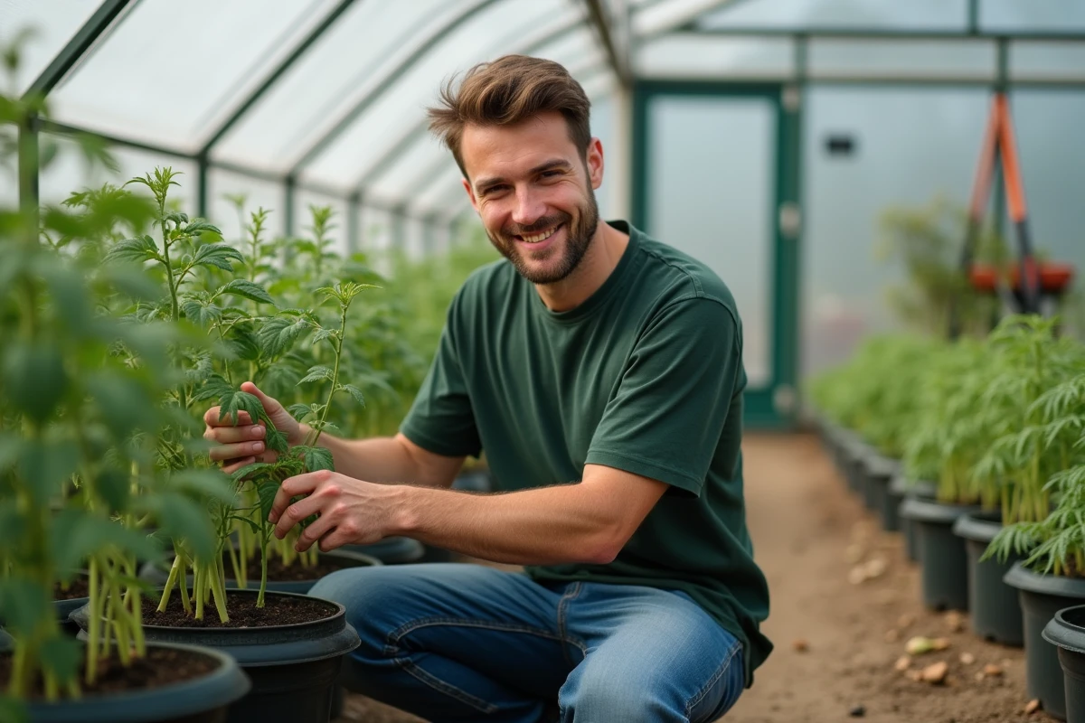 Jeune homme taillant des tomates en serre