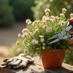 Mains de jardinier taillant un waxflower Chamelaucium uncinatum en fleurs avec un sécateur inox dans un jardin ensoleillé