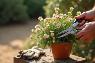 Mains de jardinier taillant un waxflower Chamelaucium uncinatum en fleurs avec un sécateur inox dans un jardin ensoleillé