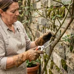 Femme taillant un rosier grimpant au printemps avec un sécateur, portant des gants de jardinage en cuir devant un mur en pierre