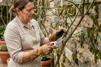 Femme taillant un rosier grimpant au printemps avec un sécateur, portant des gants de jardinage en cuir devant un mur en pierre