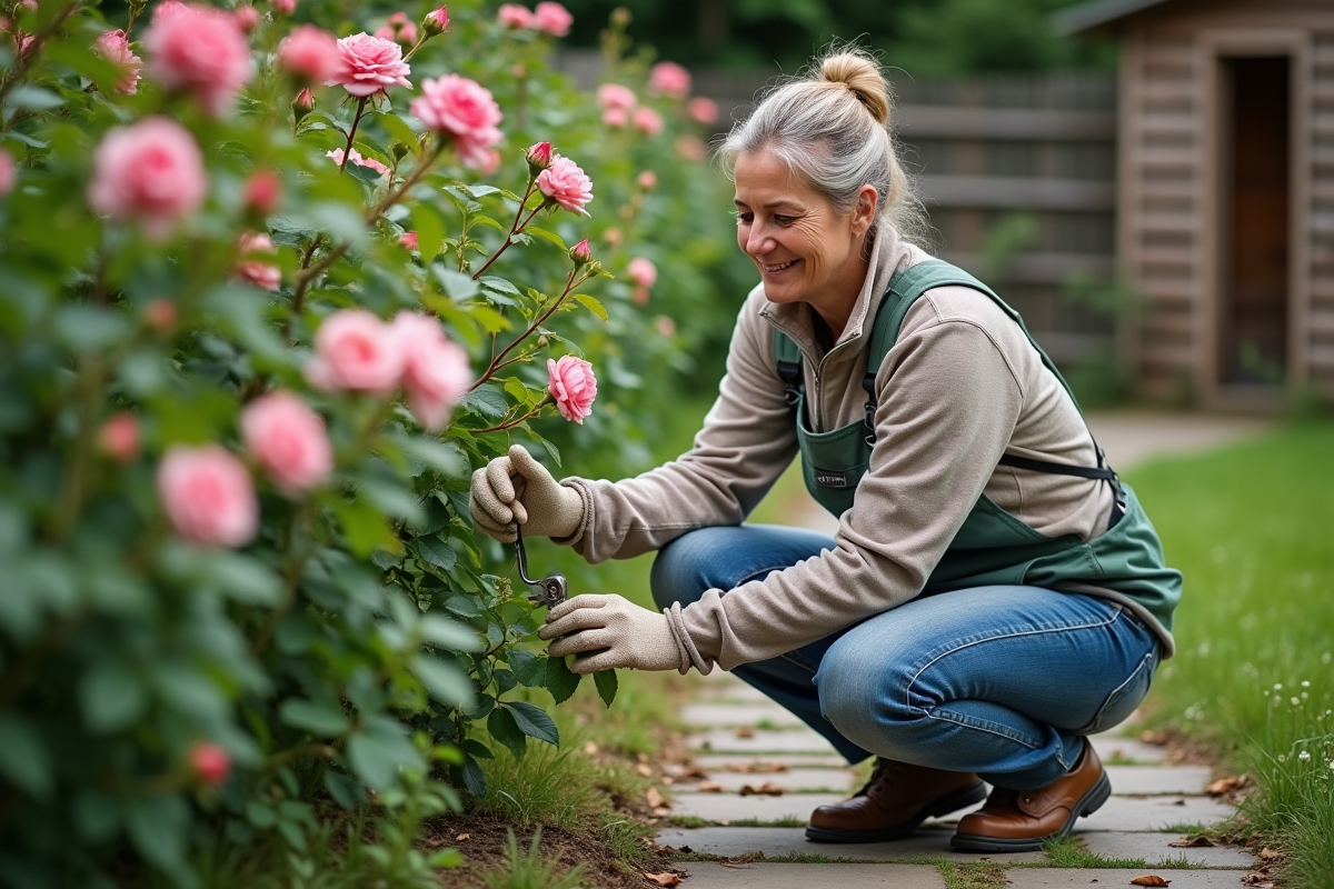 Femme taillant un rosier dans un jardin verdoyant