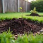 Taupinières dans un jardin ravagé avec des monticules de terre fraîche sur la pelouse verte