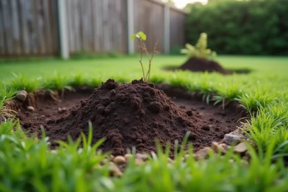 Taupinières dans un jardin ravagé avec des monticules de terre fraîche sur la pelouse verte