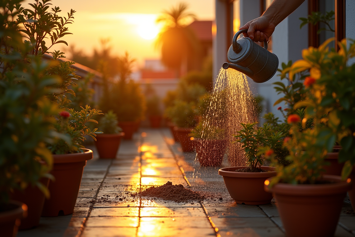 Arrosage des plantes en terrasse au coucher du soleil en été