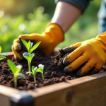 Sol de jardin riche avec jeunes pousses vertes et mains du jardinier