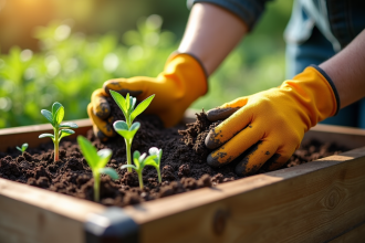 Sol de jardin riche avec jeunes pousses vertes et mains du jardinier