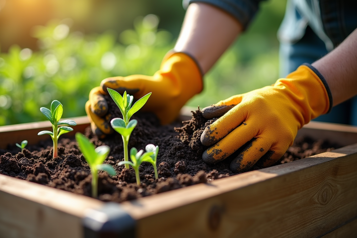 Sol de jardin riche avec jeunes pousses vertes et mains du jardinier
