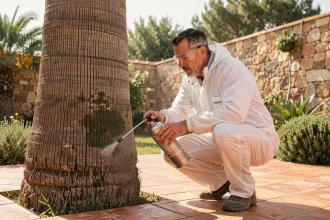 Technicien en combinaison de protection appliquant un traitement chimique contre le papillon du palmier sur un palmier dans un jardin méditerranéen