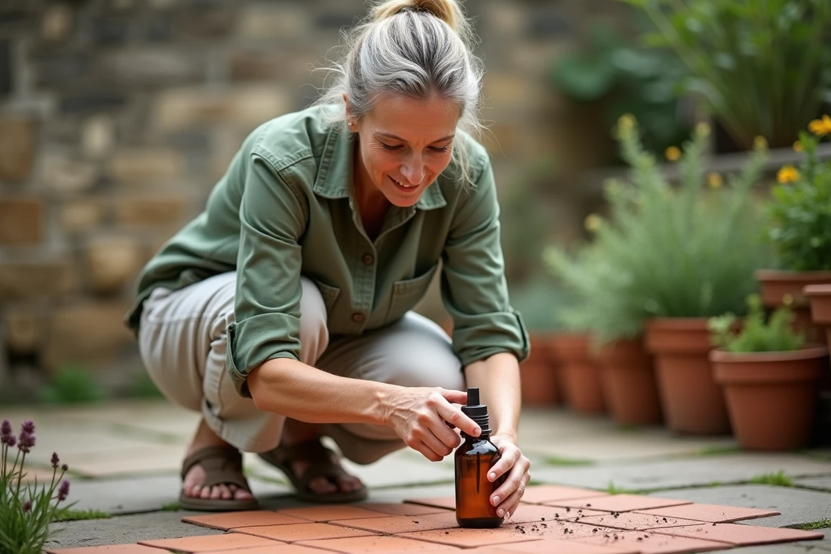 Femme appliquant une solution écologique contre les petites bestioles rouges sur un carrelage de terrasse extérieure