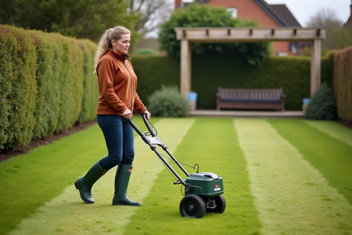 Femme utilisant un scarificateur électrique pour traiter une grande pelouse envahie par la mousse dans un jardin résidentiel