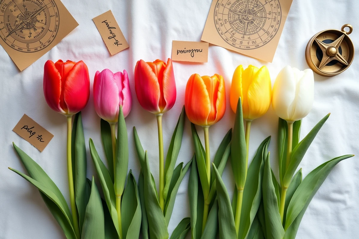 Composition à plat de tulipes de cinq couleurs différentes sur nappe en lin blanc avec cartes astrologiques vintage, représentant la symbolique des couleurs de tulipes selon les signes du zodiaque