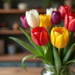 Bouquet de tulipes colorées en rouge, jaune, violet et blanc dans un vase en verre sur une table en bois rustique, symbolisant les différentes significations astrologiques des couleurs