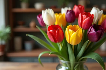 Bouquet de tulipes colorées en rouge, jaune, violet et blanc dans un vase en verre sur une table en bois rustique, symbolisant les différentes significations astrologiques des couleurs