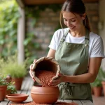 Femme versant des billes d'argile au fond d'un pot en céramique sur un balcon avec des jardinières en terre cuite