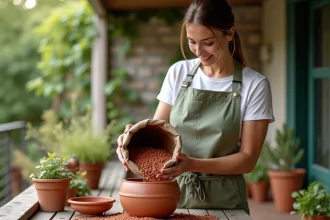 Femme versant des billes d'argile au fond d'un pot en céramique sur un balcon avec des jardinières en terre cuite